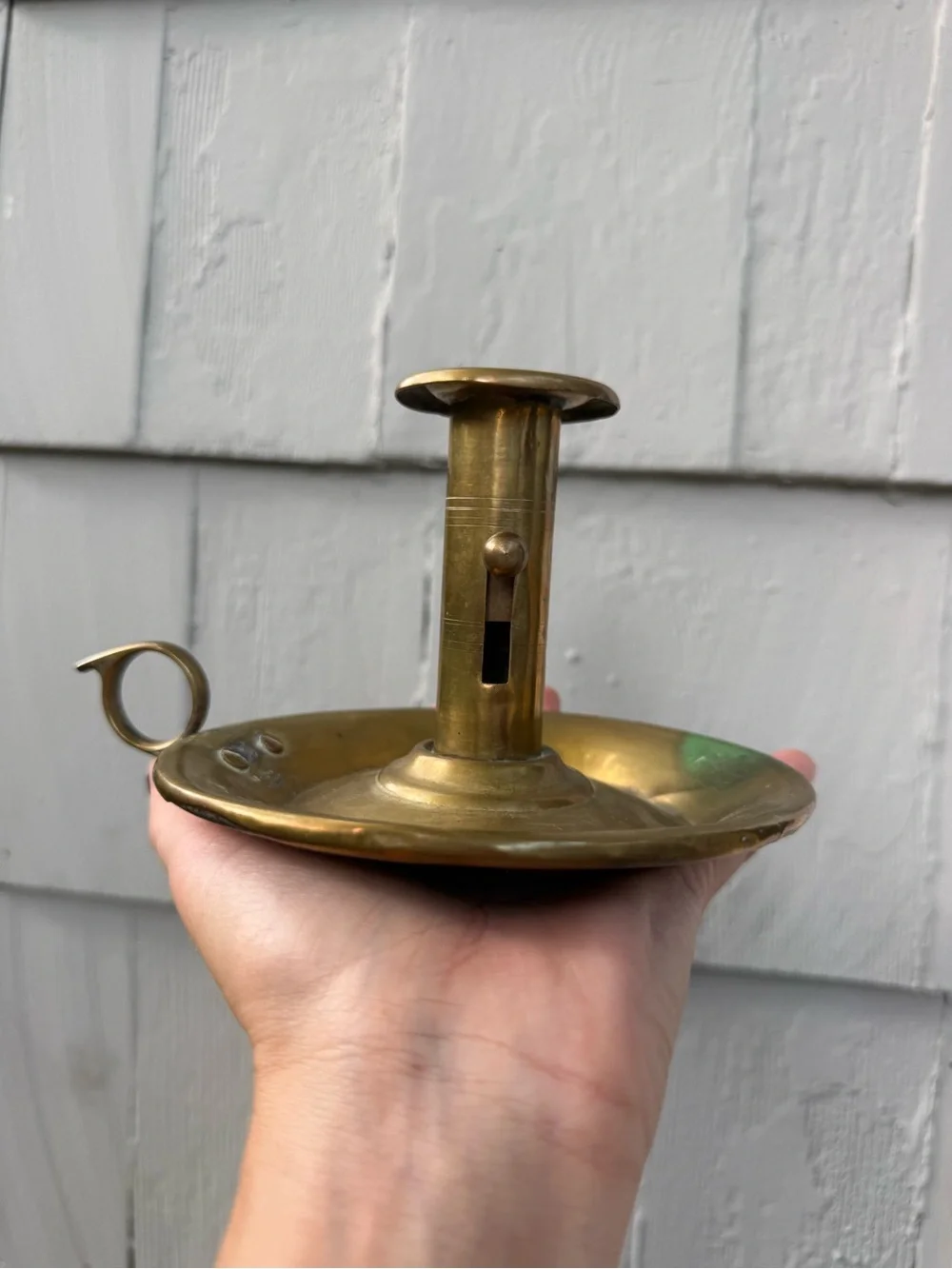 19th Cent. ANTIQUE Turned Brass Chamberstick Candlestick patina